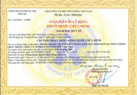Giấy phép hoạt động cơ sở MedDental Lê Văn Lương do Sở Y tế Hà Nội cấp